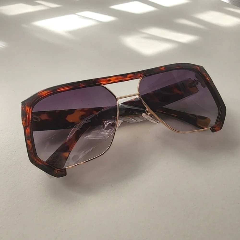 NEW Tortoise Oversize Modern Half Frame Aviator Sunglasses